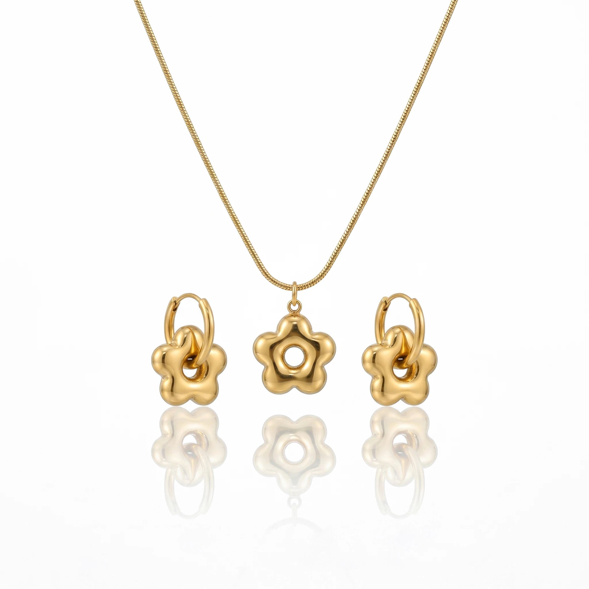 QIAOREN 12866 18K Gold Plated Puffy Flower Necklace Earrings Set, Waterproof Tarnish Free Stainless Steel Jewelry for Women