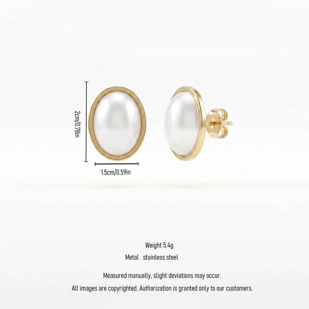 QIAOREN 13970 Stainless Steel Pearl Stud Earrings Gold Oval Pearl Earrings Minimalist Dainty Jewelry for Women