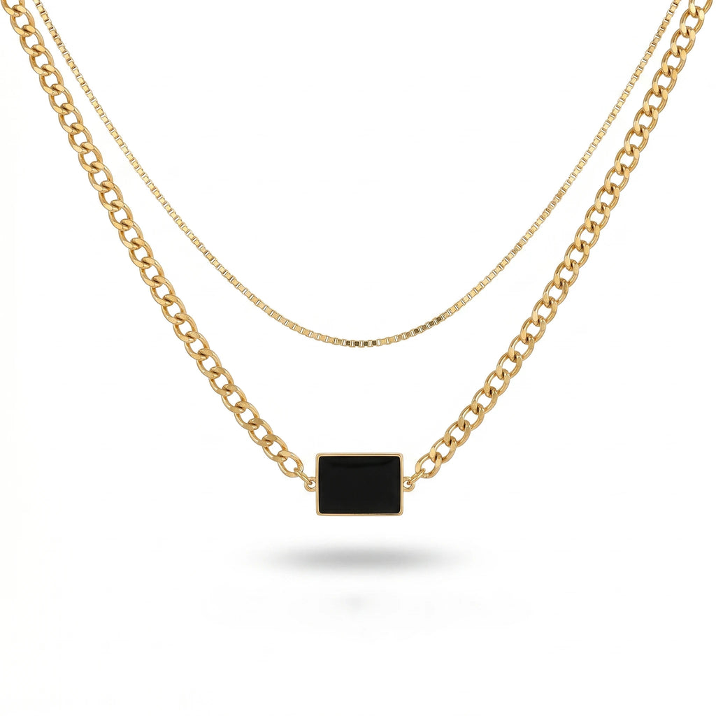 QIAOREN 11778 Minimalist Dual Layer Black Rectangular Pendant Necklace Gold Stainless Steel Curb Box Chain Jewelry for Western