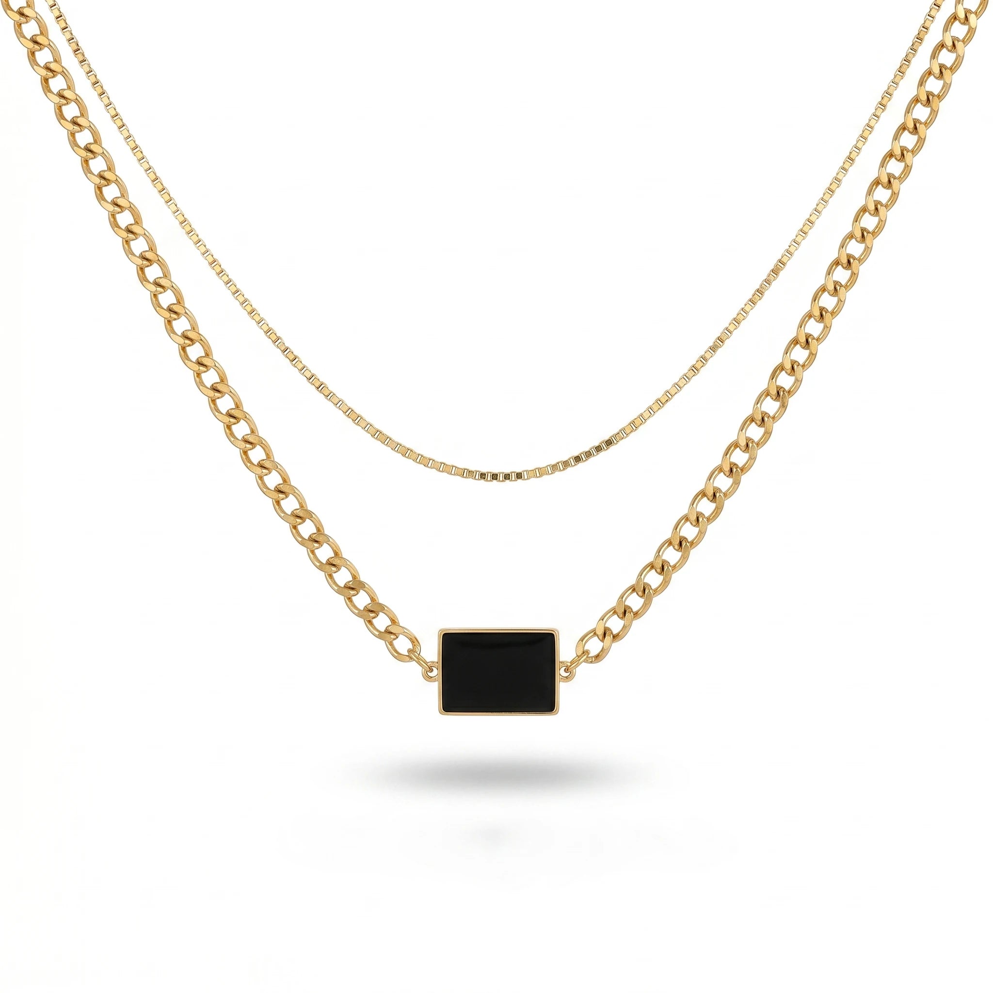 QIAOREN 11778 Minimalist Dual Layer Black Rectangular Pendant Necklace Gold Stainless Steel Curb Box Chain Jewelry for Western