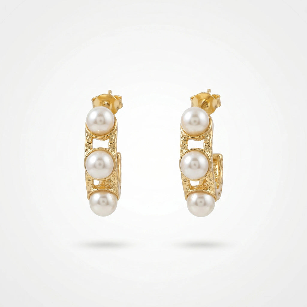 QIAOREN 12397 Trendy Hammered Pearl Hoop Earrings Gold Stainless Steel Triple Pearl Wide C Hoops Textured Studs Women US EU