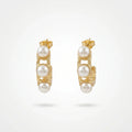 QIAOREN 12397 Trendy Hammered Pearl Hoop Earrings Gold Stainless Steel Triple Pearl Wide C Hoops Textured Studs Women US EU