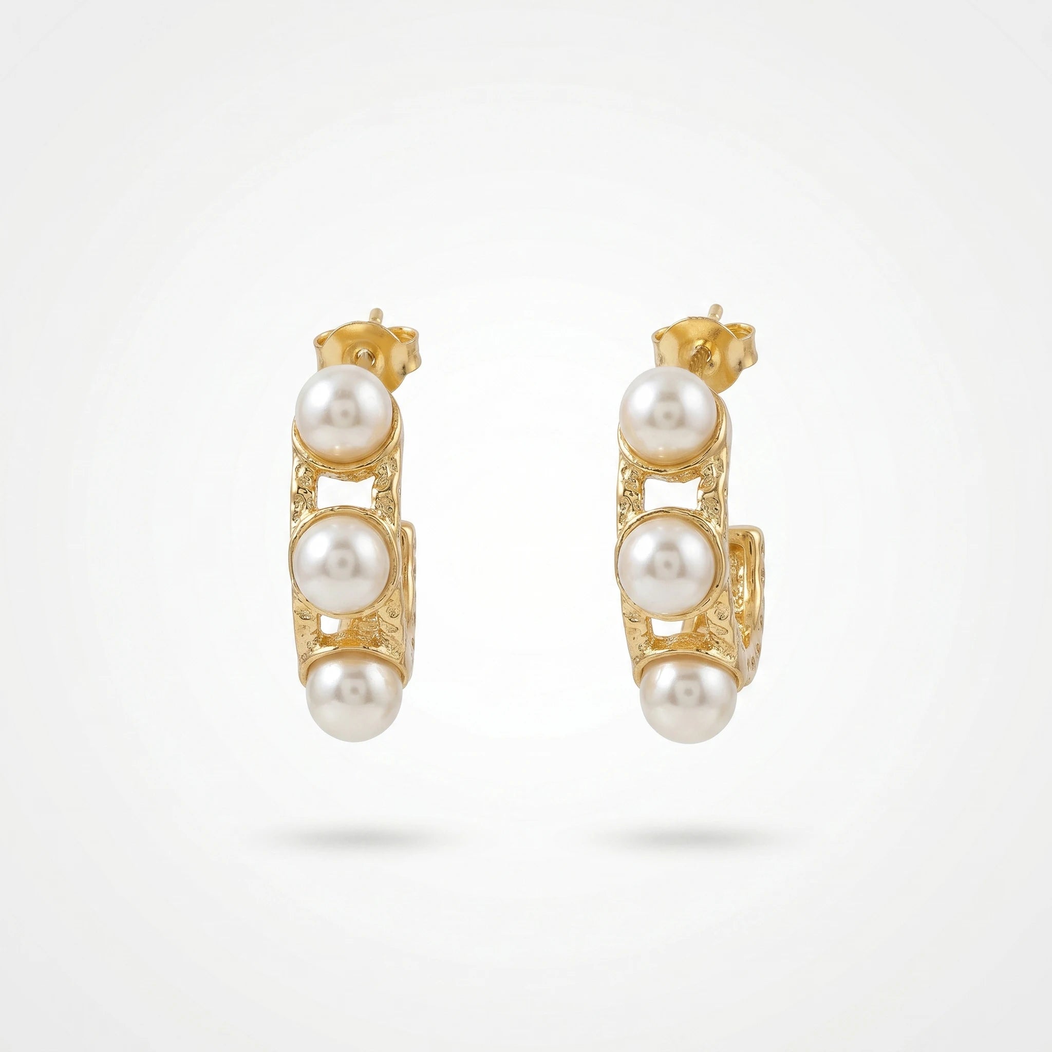 QIAOREN 12397 Trendy Hammered Pearl Hoop Earrings Gold Stainless Steel Triple Pearl Wide C Hoops Textured Studs Women US EU