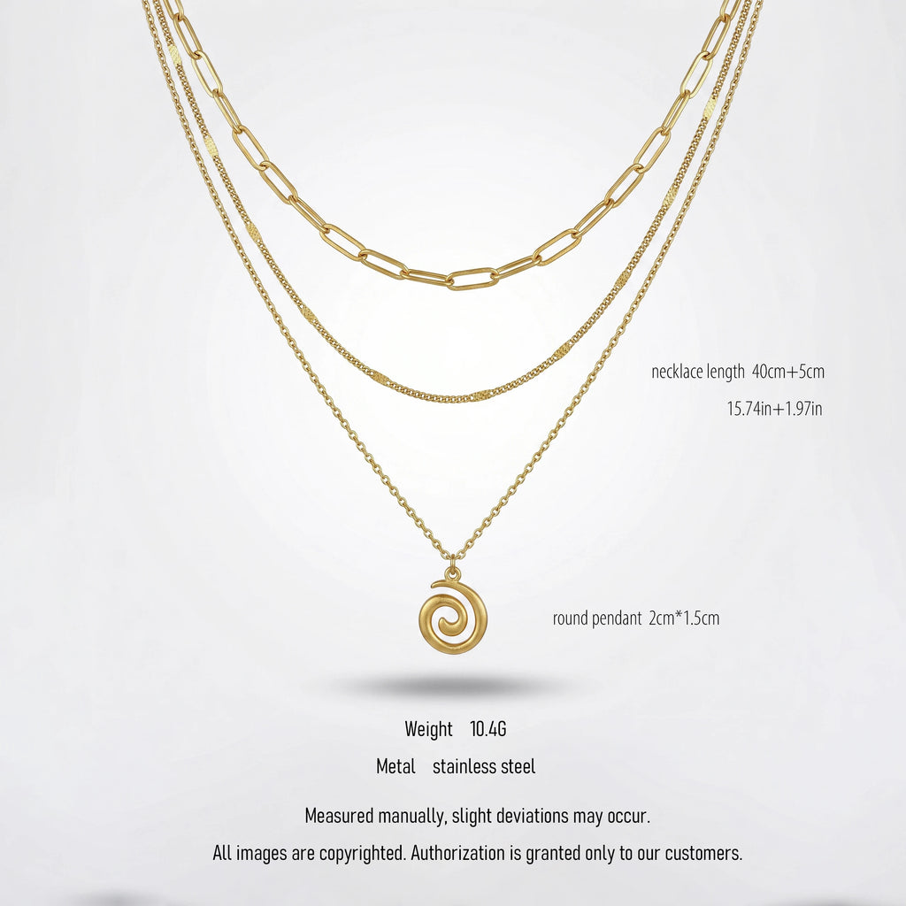 QIAOREN 10651 Bohemian Spiral Pendant Layered Link Chain Necklace 18K Gold Plated Stainless Steel Statement Everyday Wear