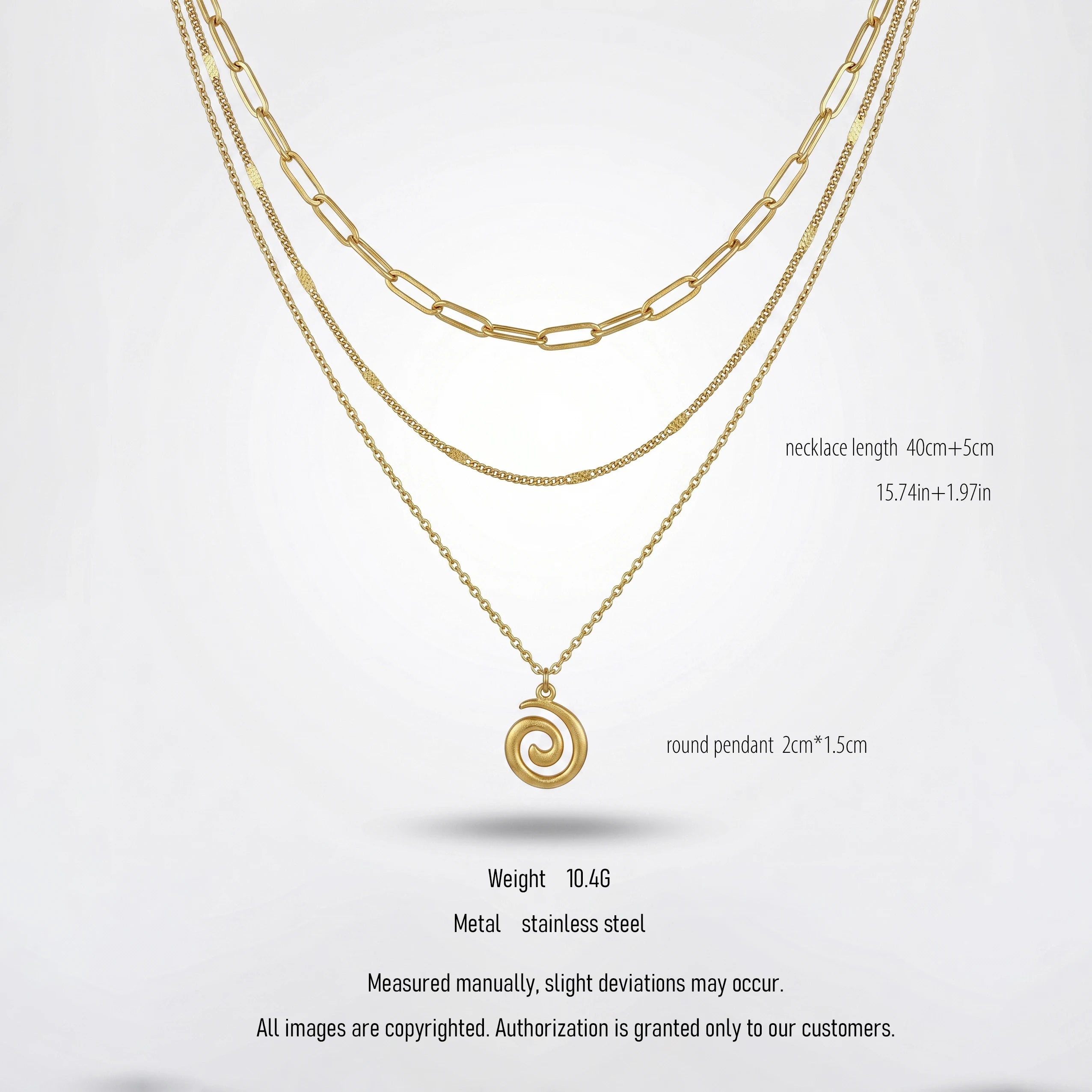 QIAOREN 10651 Bohemian Spiral Pendant Layered Link Chain Necklace 18K Gold Plated Stainless Steel Statement Everyday Wear