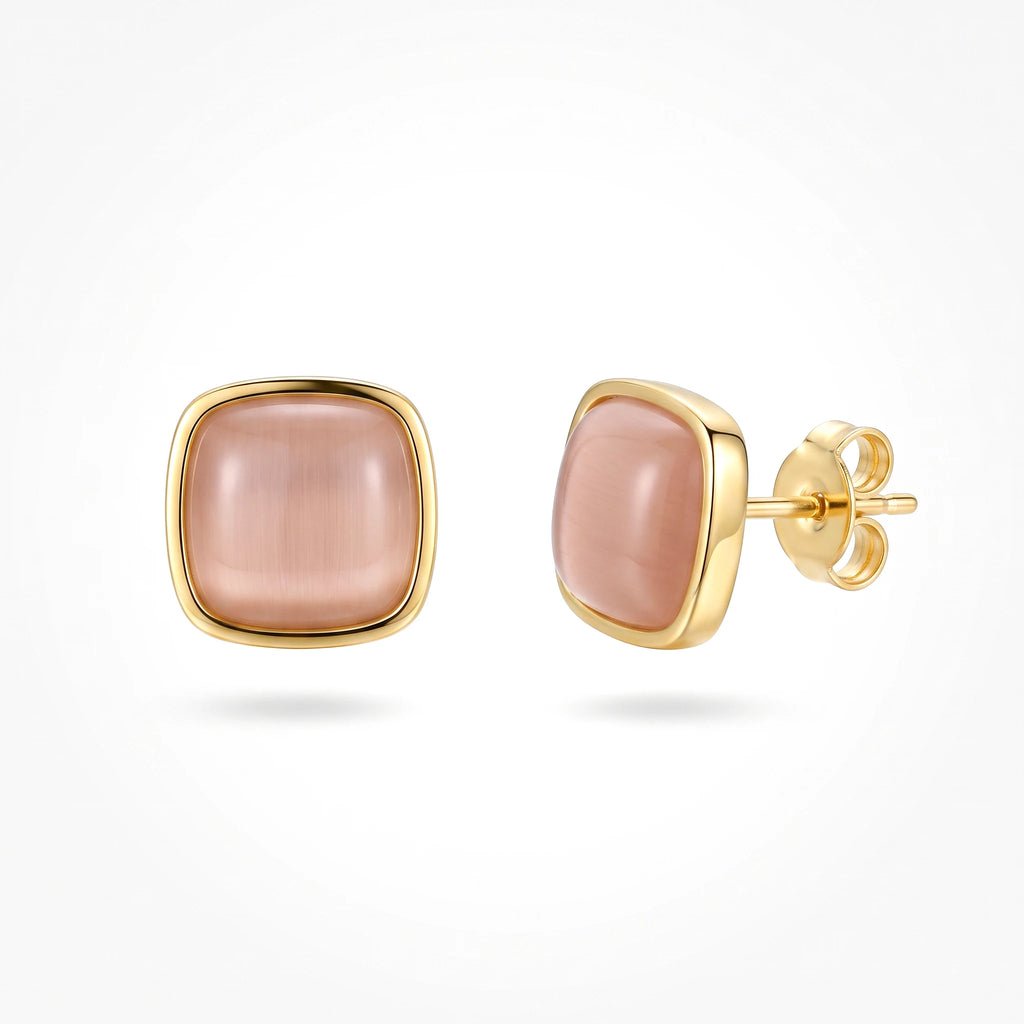 QIAOREN 13705-08 Square Cat Eye Stone Stud Earring Set, Multi Color Pink Blue Green White Smooth Cabochon Gem Gold Jewelry