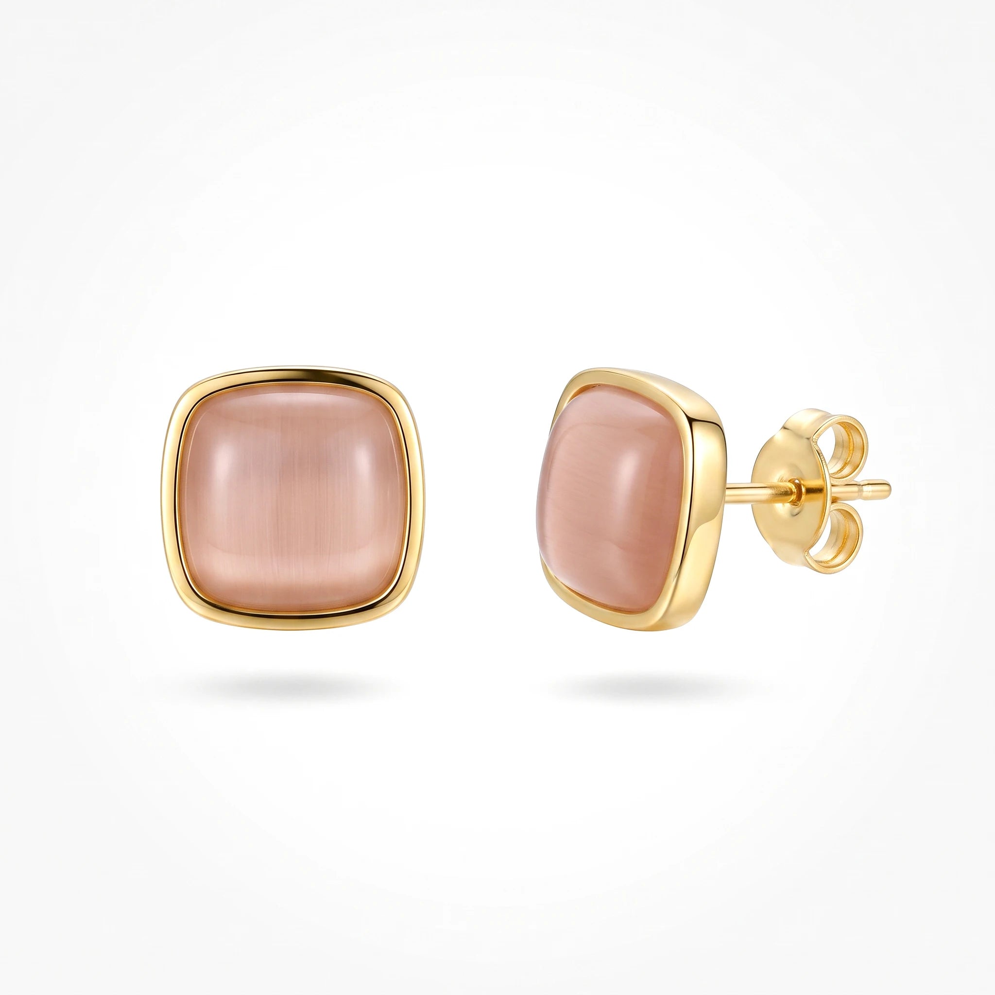 QIAOREN 13705-08 Square Cat Eye Stone Stud Earring Set, Multi Color Pink Blue Green White Smooth Cabochon Gem Gold Jewelry