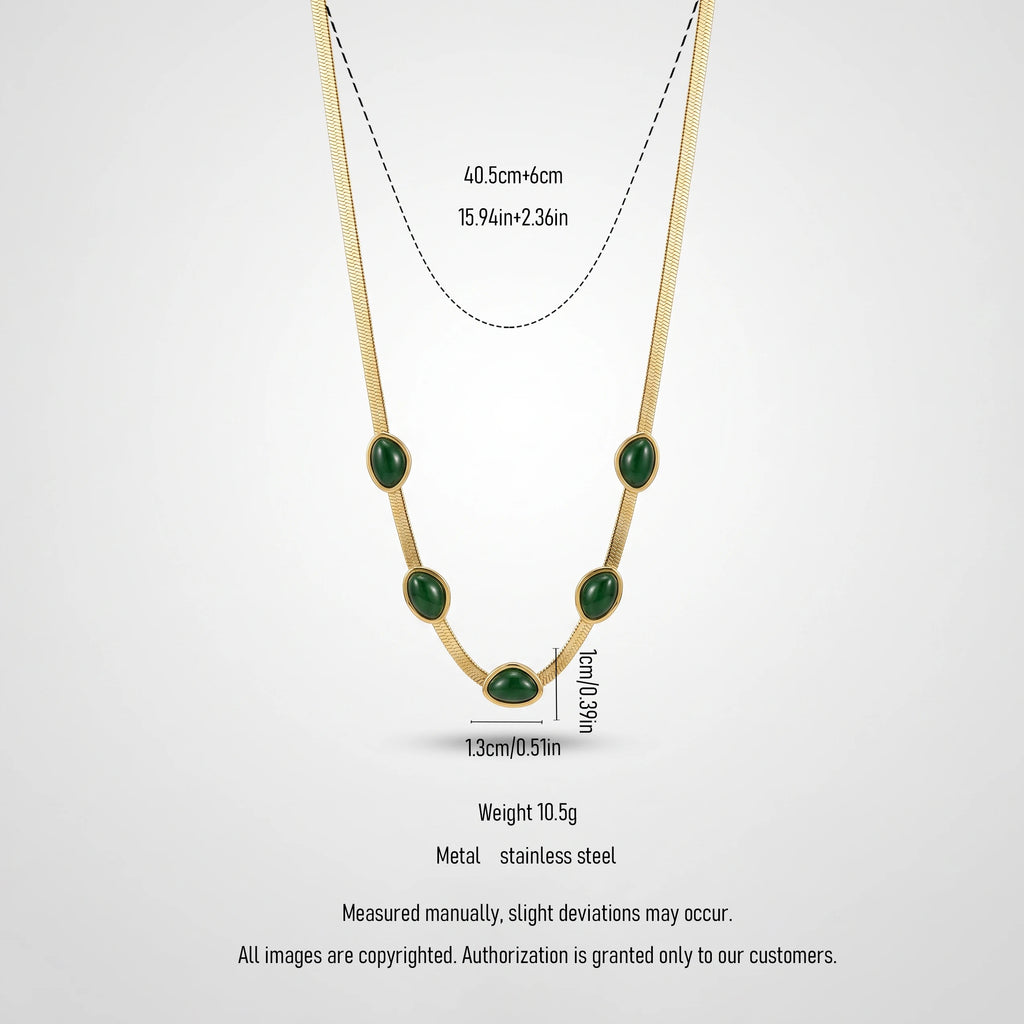 QIAOREN 13524 Flat Snake Chain Station Necklace with Five Oval Emerald Green Cabochon Stone Charms, Gold Bezel Set Natural