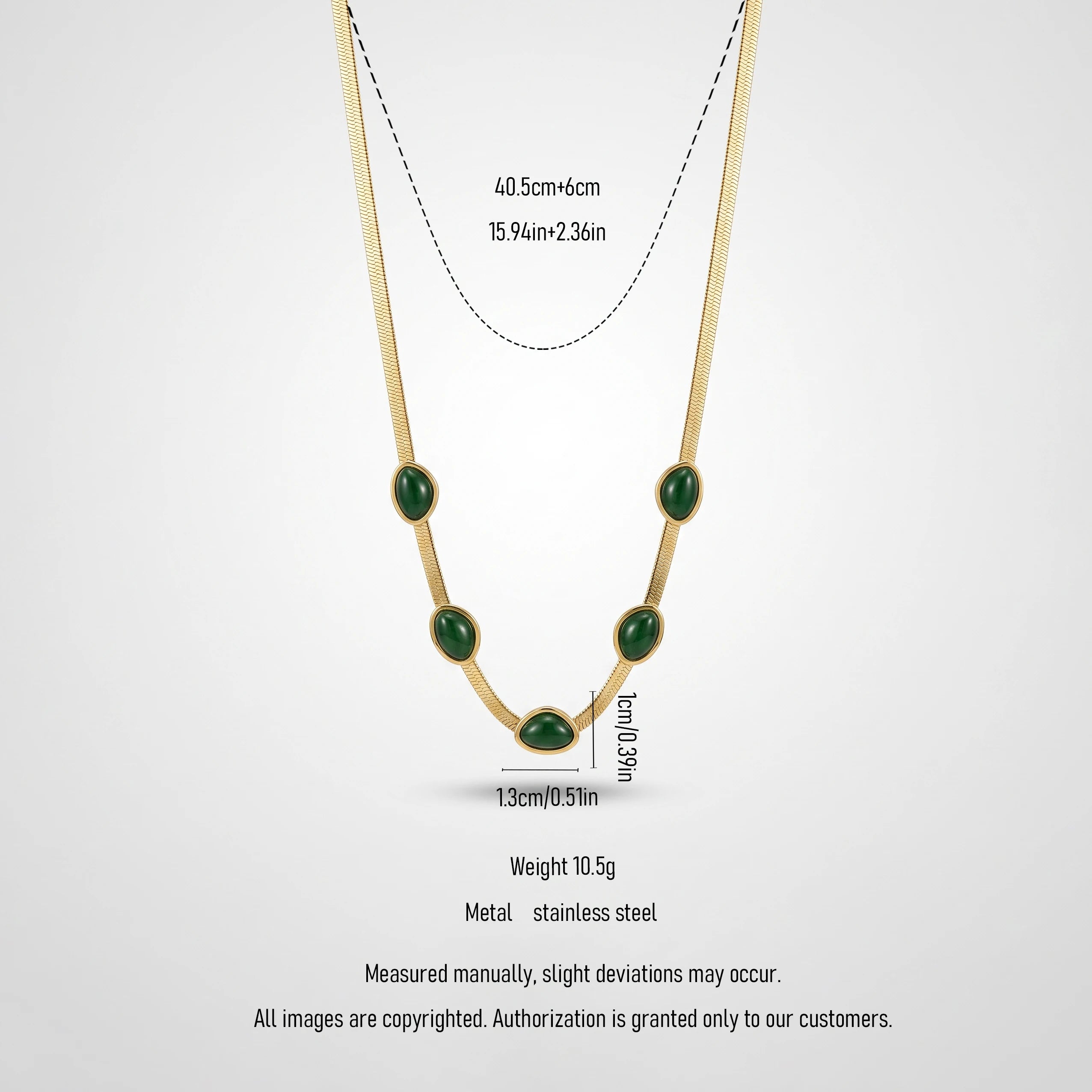QIAOREN 13524 Flat Snake Chain Station Necklace with Five Oval Emerald Green Cabochon Stone Charms, Gold Bezel Set Natural