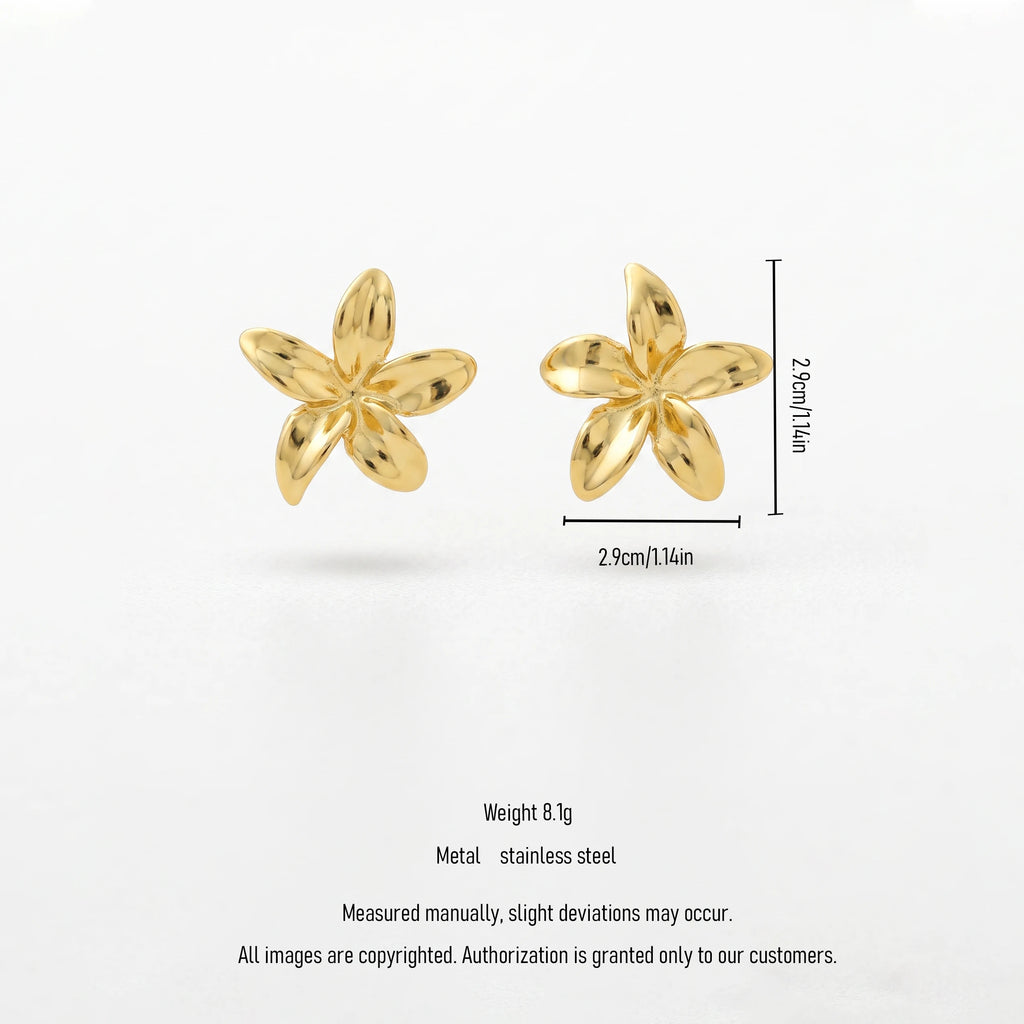 QIAOREN 13244 18K Gold PVD Plated  Stainless Steel Plumeria Stud Earrings Polished Five Petal Flower Ear Studs