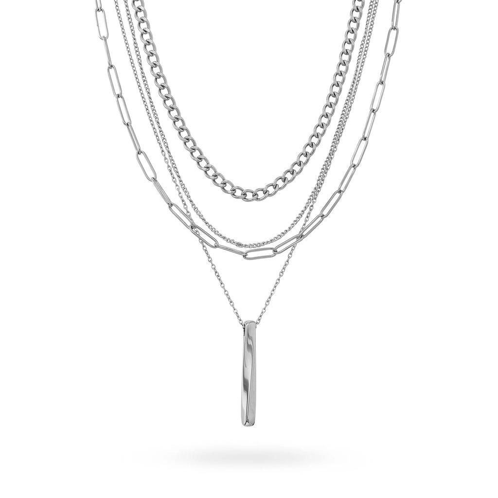 QIAOREN 11337 18K Gold Plated 4 Layered Mixed Chain Necklace With Vertical Bar Pendant Stainless Steel Tarnish Free