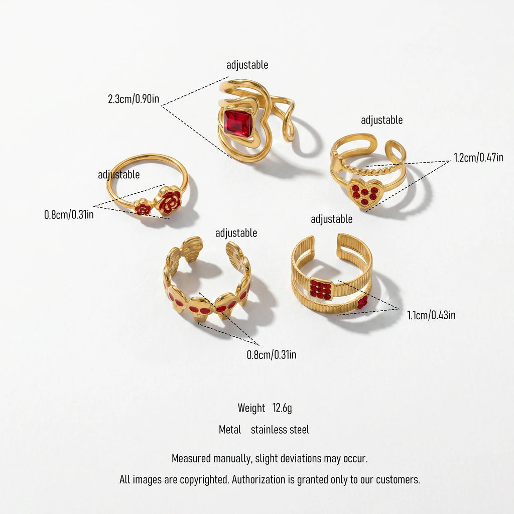 QIAOREN 13176-80 5Pcs Gold Stainless Steel Turquoise Open Ring Set Irregular Hammered Crown Adjustable Boho Stackable Rings