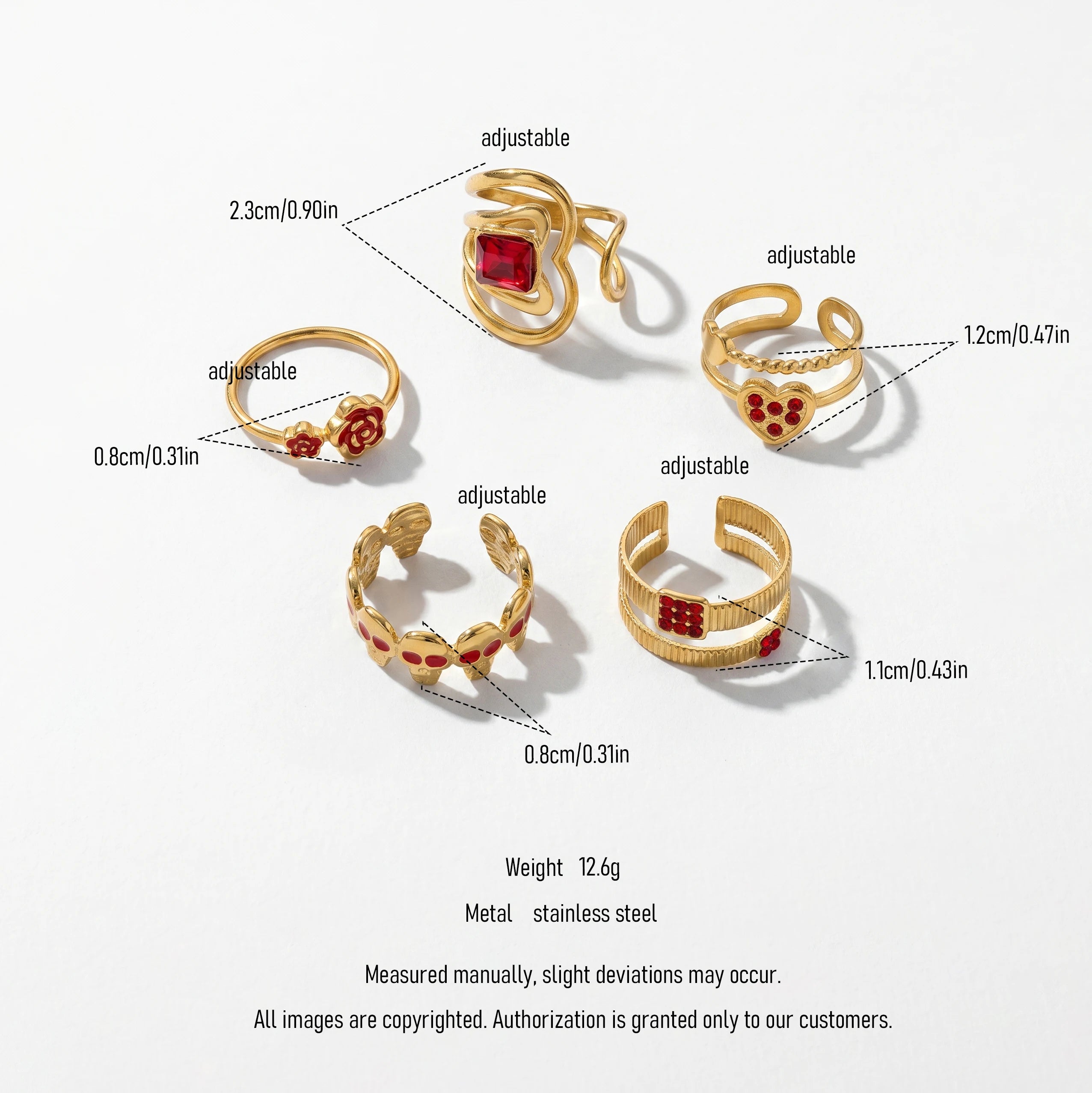 QIAOREN 13176-80 5Pcs Gold Stainless Steel Turquoise Open Ring Set Irregular Hammered Crown Adjustable Boho Stackable Rings