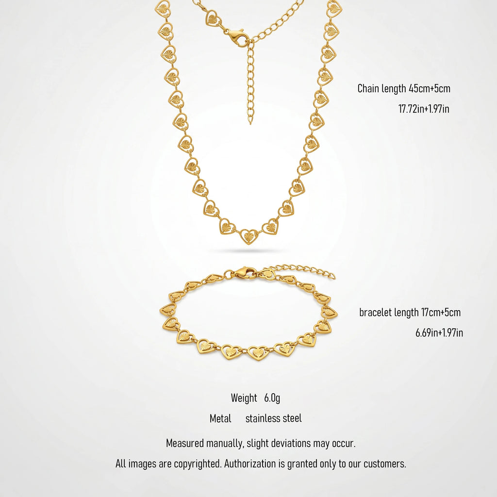 QIAOREN Minimalist Textured Hollow Heart Gold Plated Stainless Steel Necklace & Bracelet Set for Women Daily Wear Jewelry