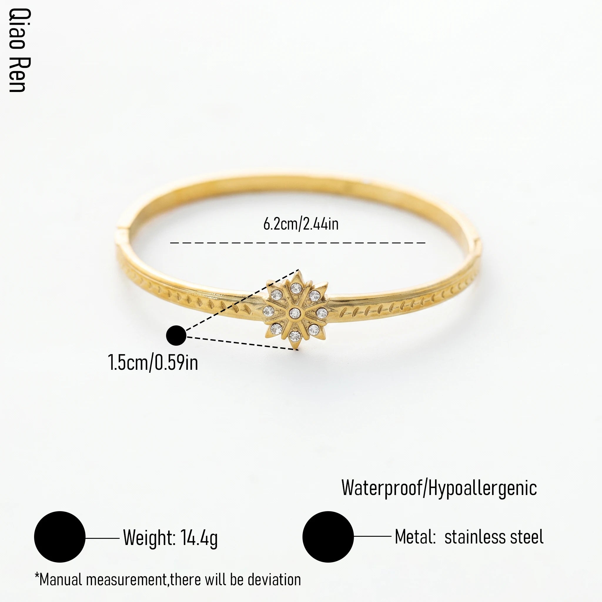 QIAOREN 14110 Stainless Steel Sunburst Hinged Bangle Bracelet Waterproof Hypoallergenic CZ Jewelry OEM ODM