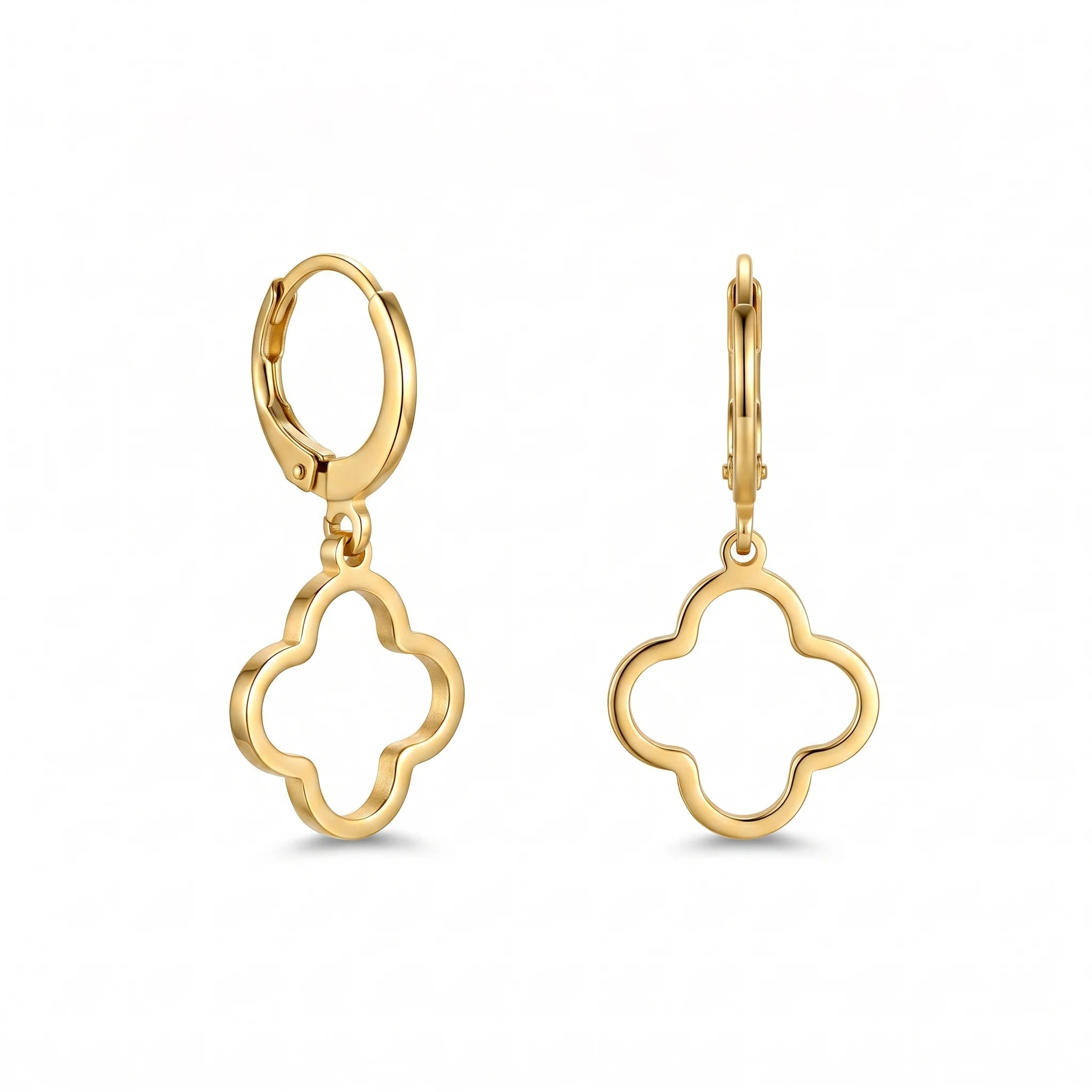 QIAOREN 10849 Waterproof Stainless Steel Clover Huggie Earrings, Gold Plated Hypoallergenic Floral Statement Jewelry