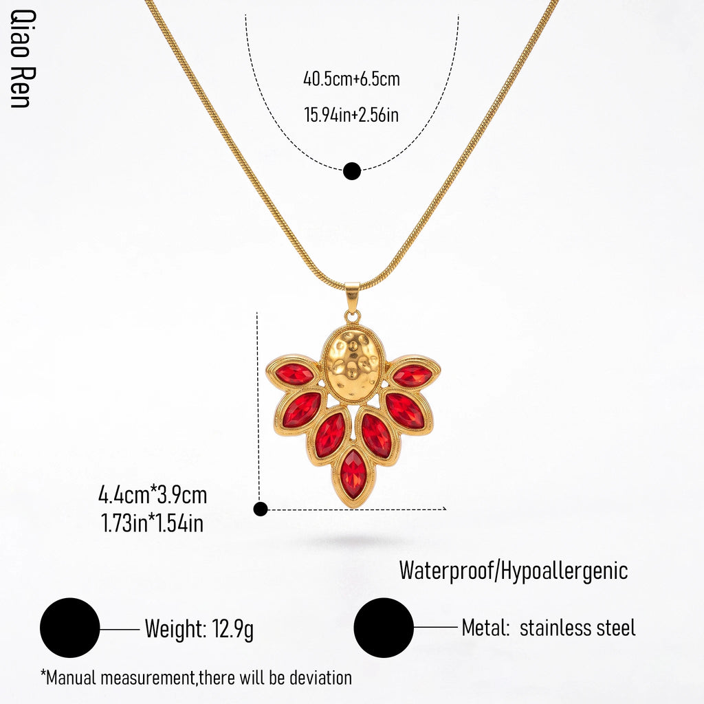 QIAOREN 14387 Vintage Ornate Red Marquise Crystal Pendant Snake Chain Necklace, Stainless Steel Statement Jewelry Gift