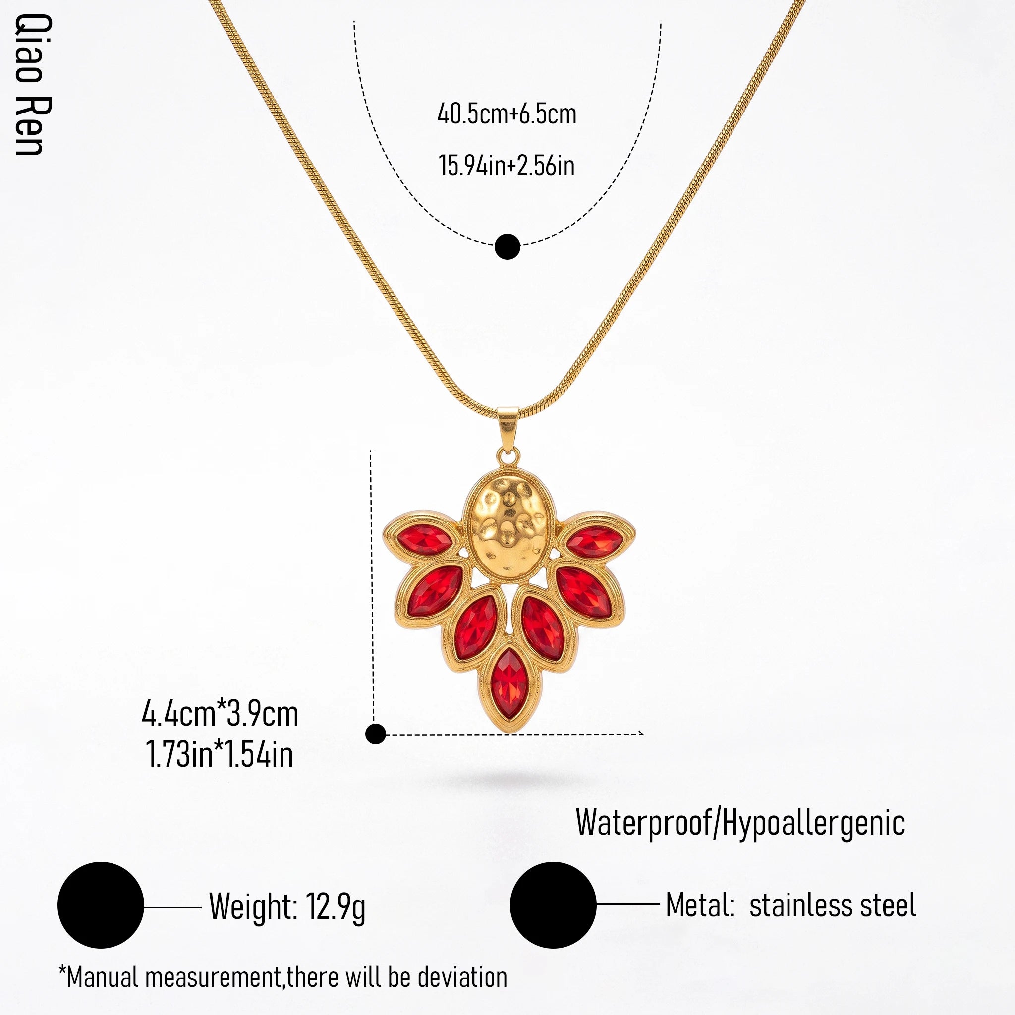 QIAOREN 14387 Vintage Ornate Red Marquise Crystal Pendant Snake Chain Necklace, Stainless Steel Statement Jewelry Gift