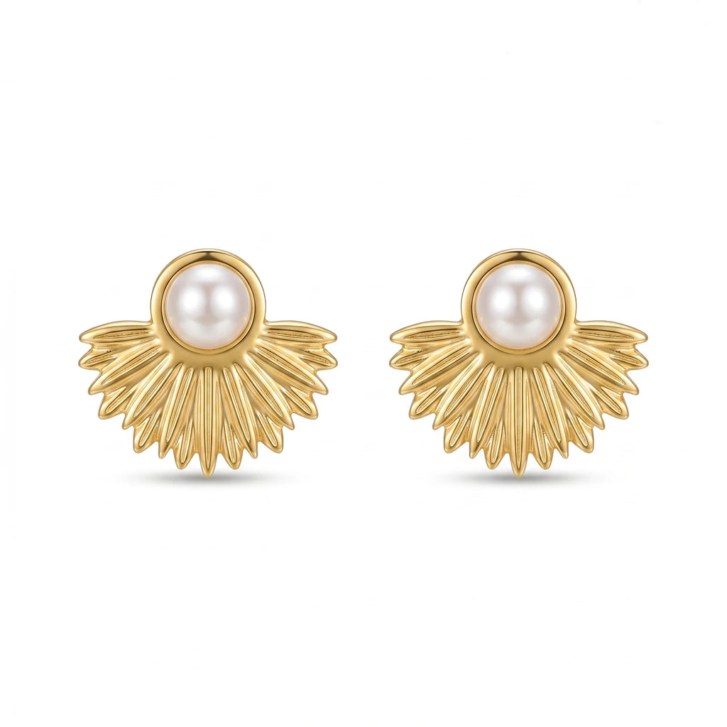 QIAOREN 12238 Art Deco Pearl Sunburst Stud Earrings Stainless Steel Gold Radiating Fan Celestial Earrings for Women US EU Hot