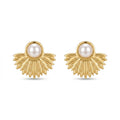 QIAOREN 12238 Art Deco Pearl Sunburst Stud Earrings Stainless Steel Gold Radiating Fan Celestial Earrings for Women US EU Hot