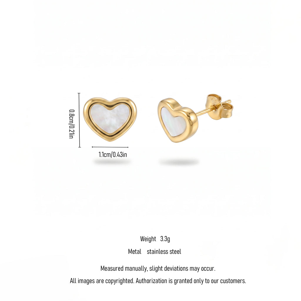 QIAOREN 13448 Gold Tone Natural White MOP Heart Stud Earrings Minimal Smooth Frame Shell Inlay Ear Jewelry Gift