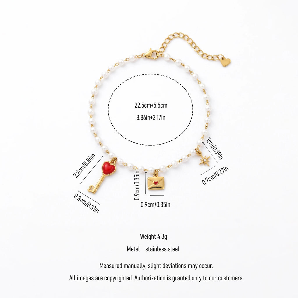 QIAOREN 13331 Romantic Pearl Anklet with Heart Key, Love Envelope & Rhinestone Star Charms, Sweet Love Foot Jewelry Gift