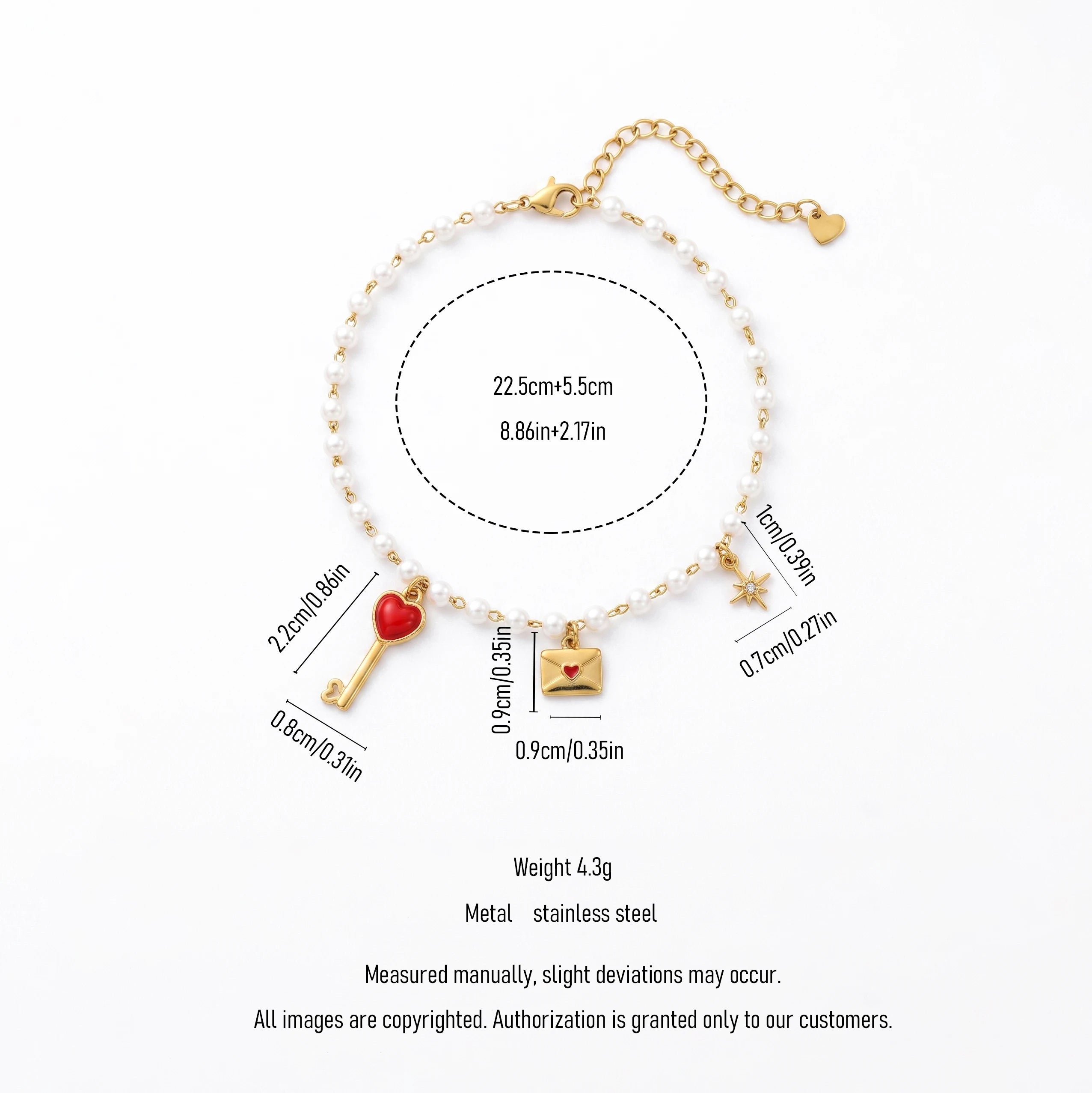 QIAOREN 13331 Romantic Pearl Anklet with Heart Key, Love Envelope & Rhinestone Star Charms, Sweet Love Foot Jewelry Gift