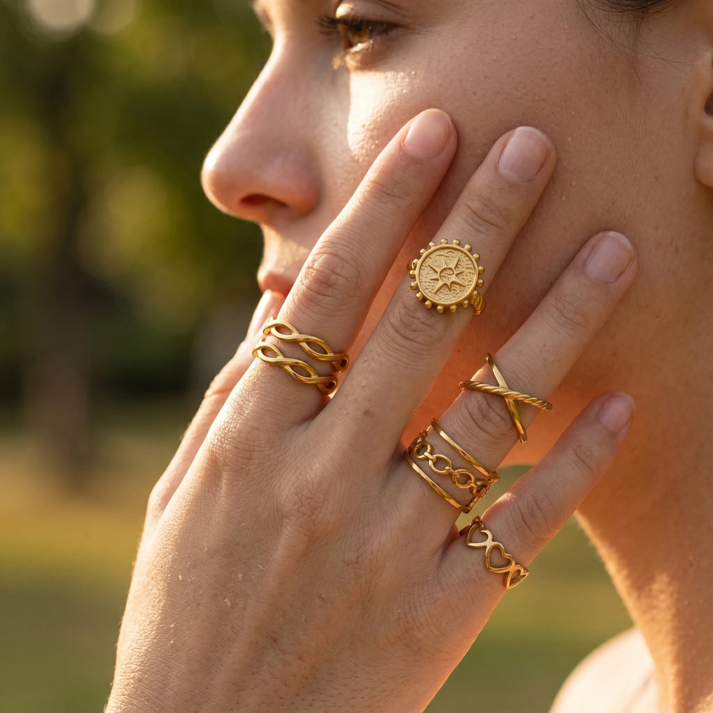 QIAOREN 10710 Tarnish Resistant 18K Gold Plated Stainless Steel Ring Watch Set 5Pcs Adjustable Open Stackable Quartz Rings Women