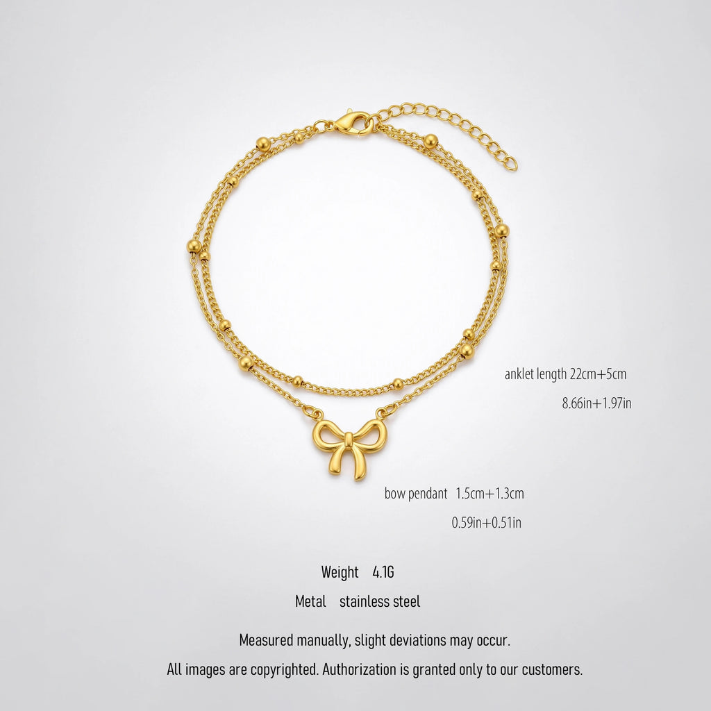 QIAOREN 10643 Summer Beach Butterfly Bow Anklet for Women Stainless Steel 18K Gold Plated Double Layered Beaded Chain Trendy