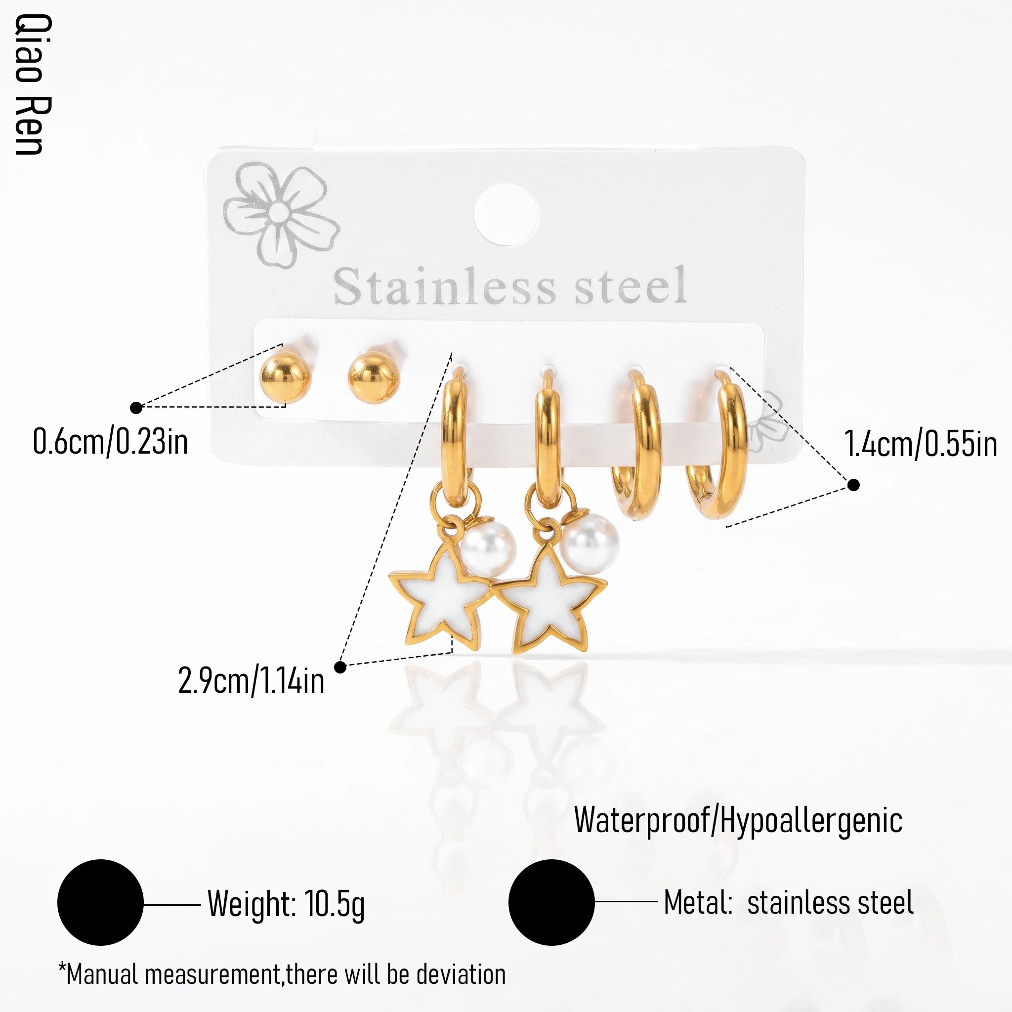 QIAOREN 14499 3 Pcs Stainless Steel Earring Set, Gold Ball Studs Plain White Star Pearl Dangle Earrings Multi Pack Fashion Gift