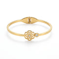 QIAOREN 13654 Spring Opening Cuff Bangle with Hollow Mandala Flower & Side Mini Zircon Dual Charms, Polished Thin Gold Bangle