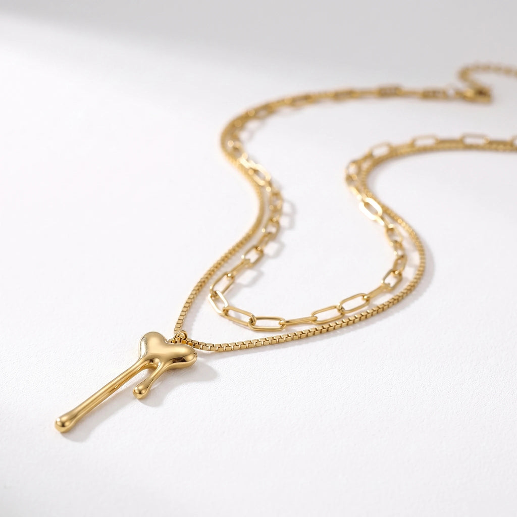QIAOREN 11625 Stainless Steel 18K Gold Layered Necklace Melting Heart Pendant Double Chain Adjustable Jewelry for Women