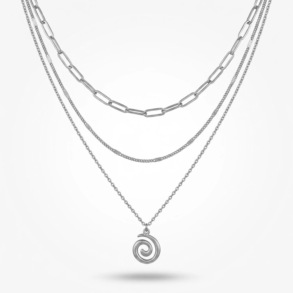 QIAOREN 10651 Bohemian Spiral Pendant Layered Link Chain Necklace 18K Gold Plated Stainless Steel Statement Everyday Wear