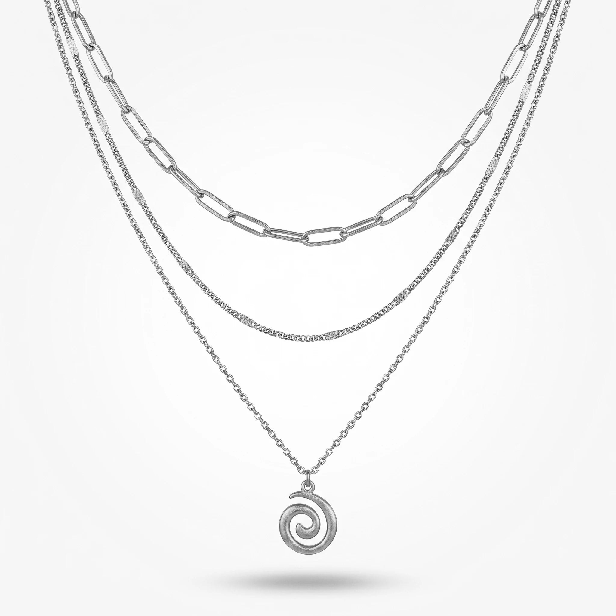 QIAOREN 10651 Bohemian Spiral Pendant Layered Link Chain Necklace 18K Gold Plated Stainless Steel Statement Everyday Wear
