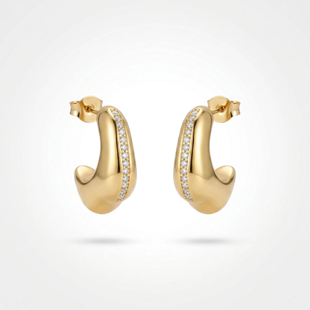 QIAOREN 12514 Bold Puffy C Hoop Earrings Gold Stainless Steel Pave Zircon Stripe Chunky Studs Jewelry US EU
