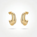 QIAOREN 12514 Bold Puffy C Hoop Earrings Gold Stainless Steel Pave Zircon Stripe Chunky Studs Jewelry US EU