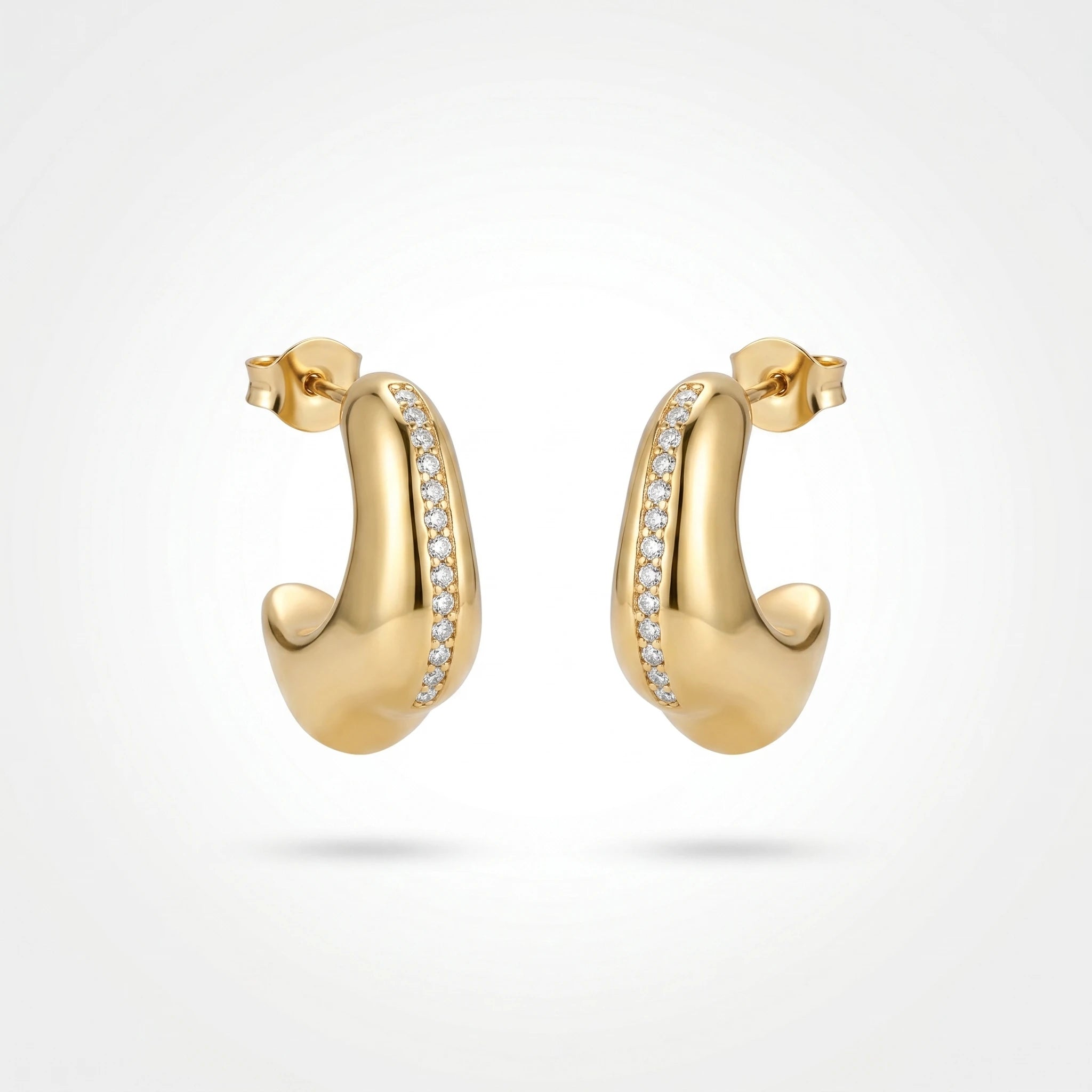 QIAOREN 12514 Bold Puffy C Hoop Earrings Gold Stainless Steel Pave Zircon Stripe Chunky Studs Jewelry US EU