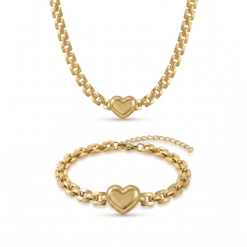 QIAOREN 11626 Tarnish Free 18K Gold Stainless Steel Embossed Heart Jewelry Set Chunky Chain Necklace Bracelet
