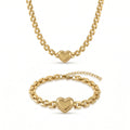 QIAOREN 11626 Tarnish Free 18K Gold Stainless Steel Embossed Heart Jewelry Set Chunky Chain Necklace Bracelet