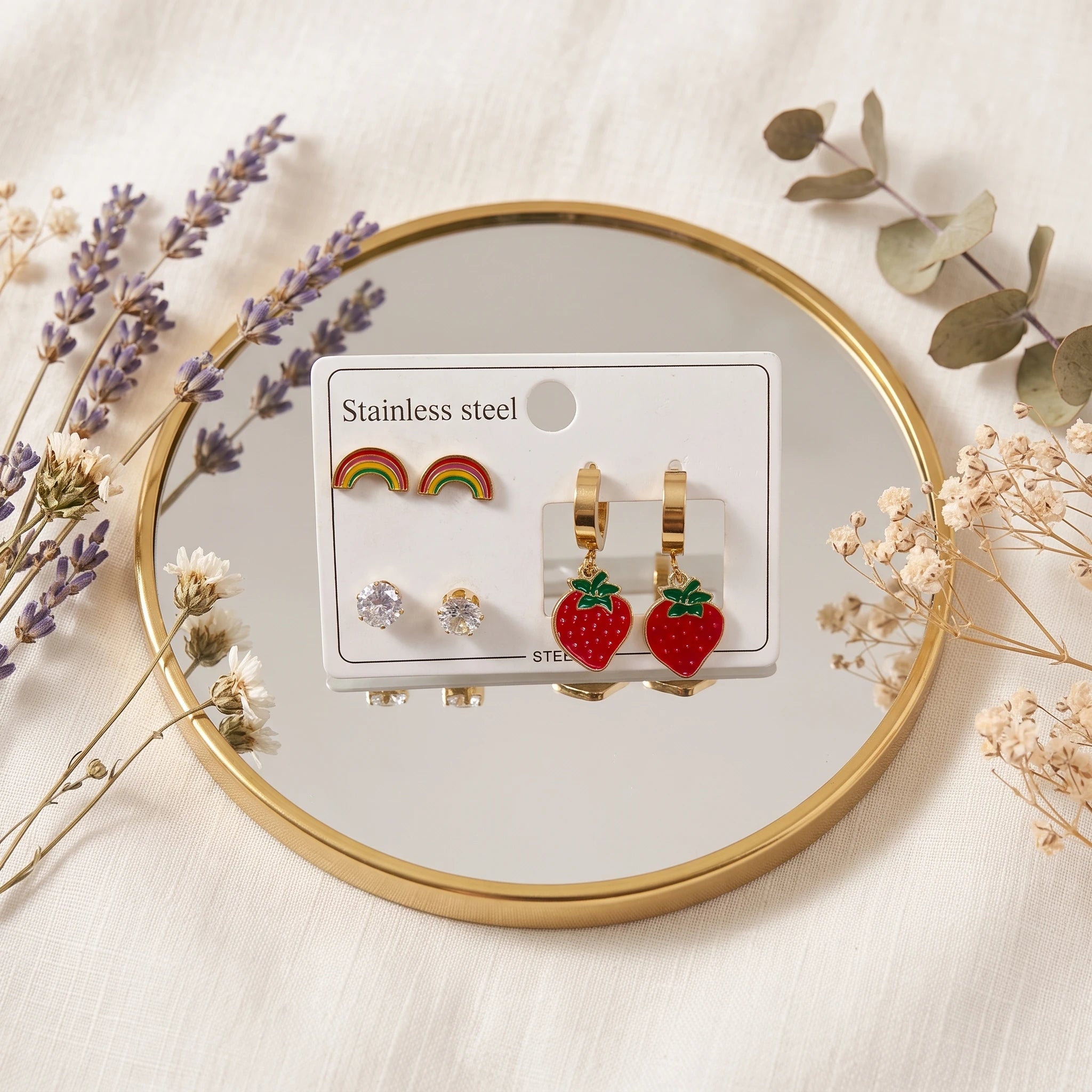 QIAOREN 14530 Waterproof Stainless Steel Strawberry Earrings Set Rainbow Hoop Stud Earrings CZ Crystal Jewelry Women