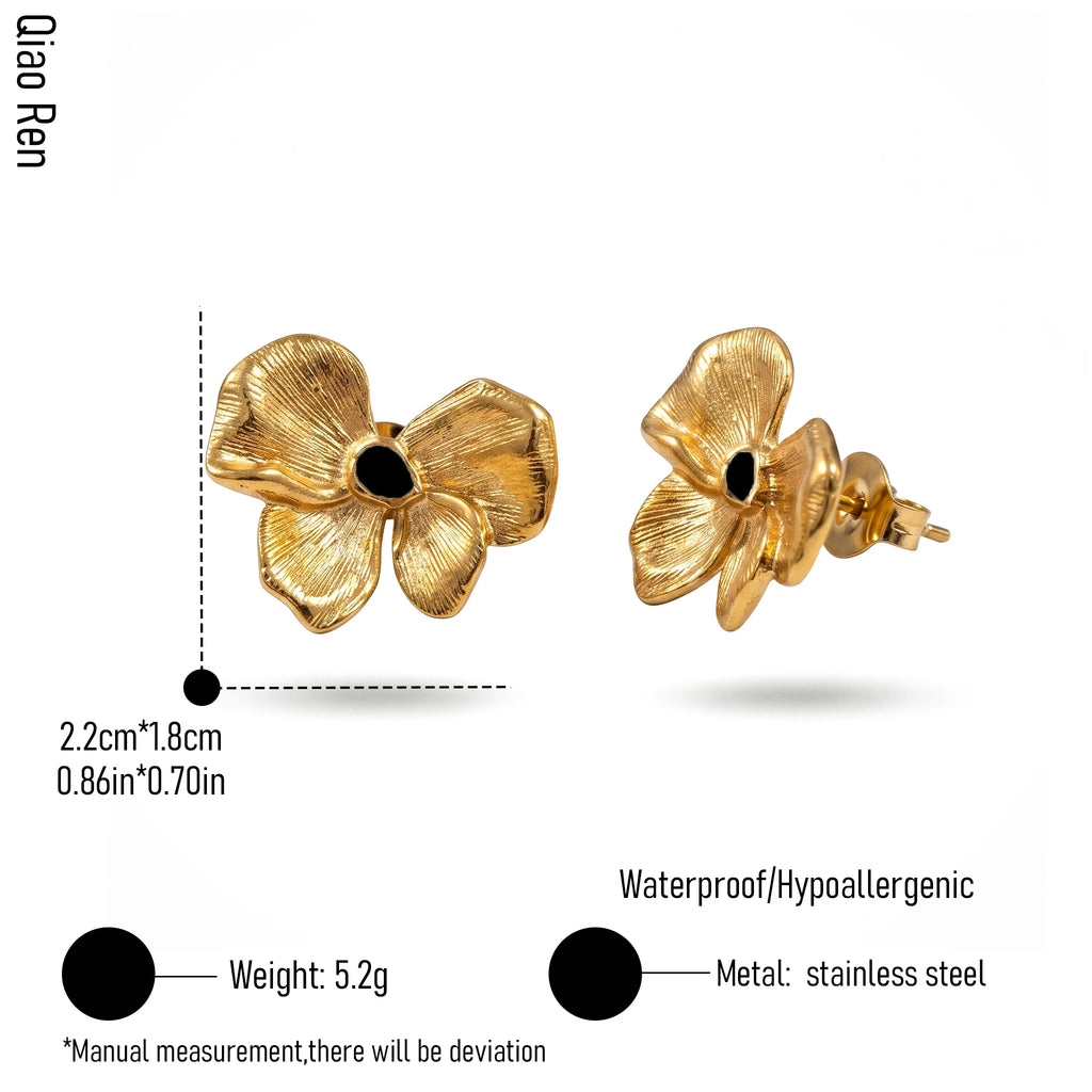 QIAOREN 14081-83 Sculptural Gold Flower Stud Earrings Stainless Steel Waterproof Minimalist Jewelry