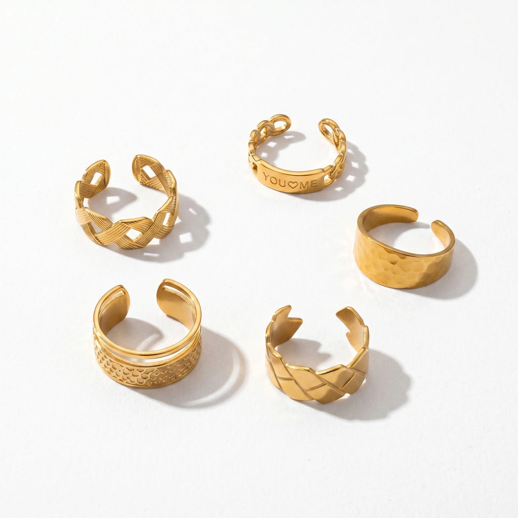 QIAOREN 10706 18K Gold Stainless Steel Adjustable Open Rings Braided Hammer Engraved Stackable Jewelry for Women