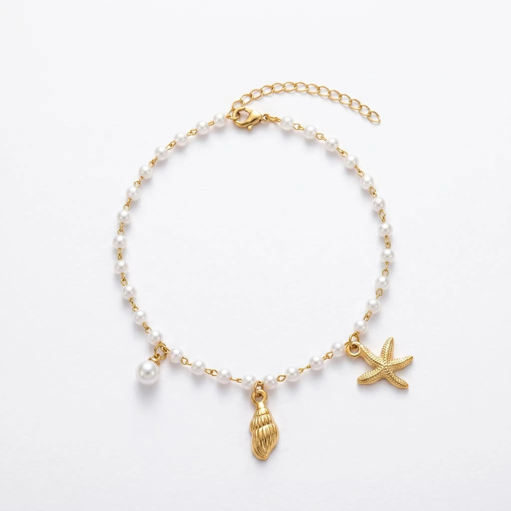 QIAOREN 10588 Starfish Seashell Pearl Trendy Party Anklet 18K Gold Plated Stainless Steel Waterproof Beach Jewelry for Women