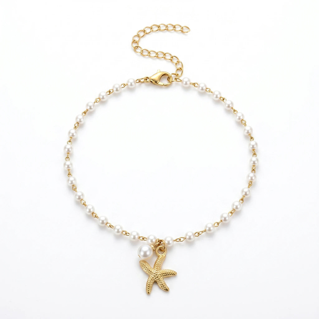 QIAOREN 11047 Chic Coastal Pearl Anklet with Gold Starfish Pendant Waterproof Vacation Jewelry for Women