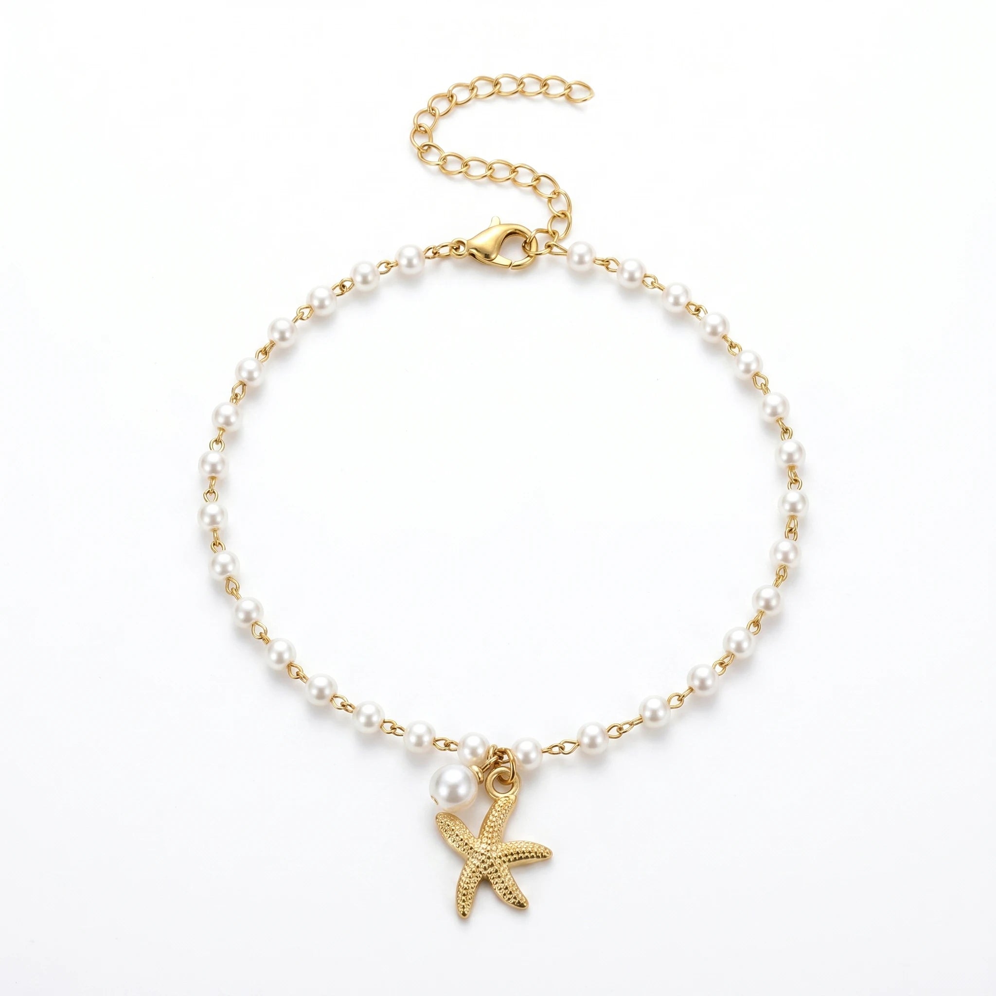 QIAOREN 11047 Chic Coastal Pearl Anklet with Gold Starfish Pendant Waterproof Vacation Jewelry for Women