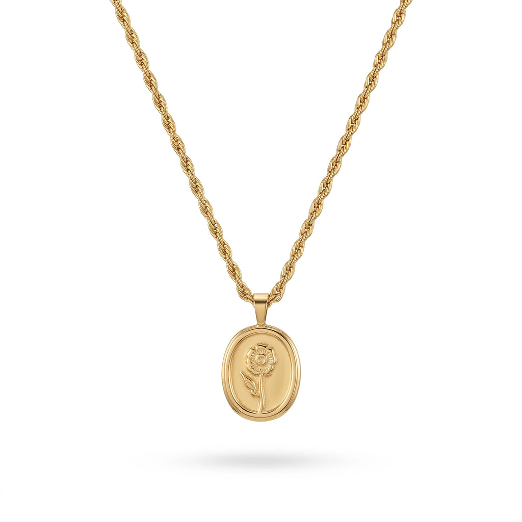QIAOREN 13989 Twist Rope Chain Oval Embossed Flower Coin Pendant Necklace, Polished Gold Vintage Floral Medallion Collar