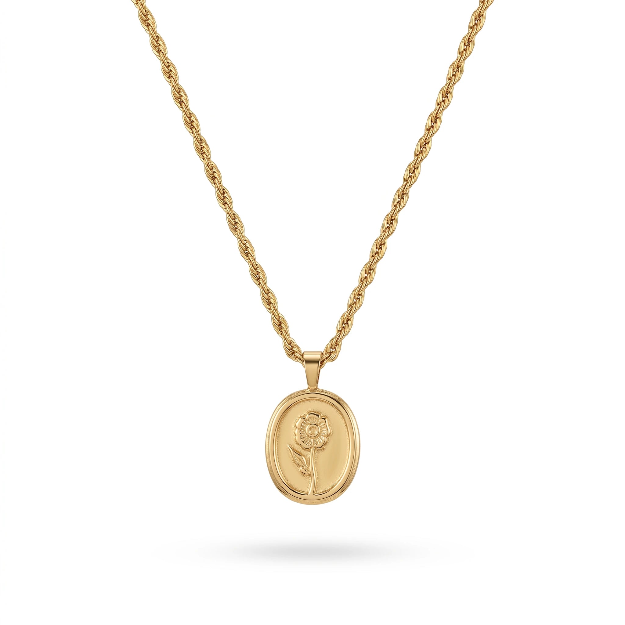 QIAOREN 13989 Twist Rope Chain Oval Embossed Flower Coin Pendant Necklace, Polished Gold Vintage Floral Medallion Collar