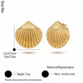 QIAOREN 14059 Polished Gold Scallop Shell Stud Earrings, Vertical Fluted Seashell With Beaded Border Ear Stud Jewelry Gift