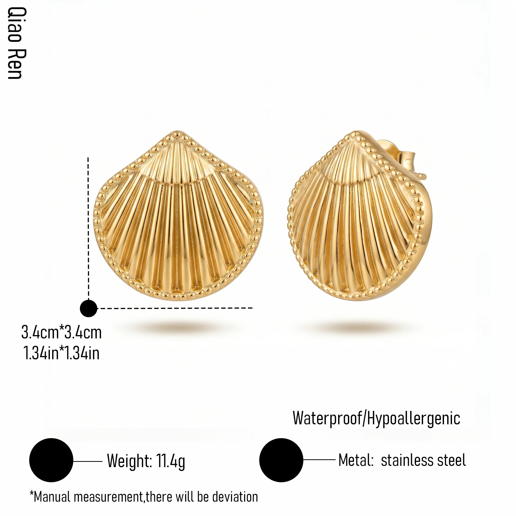 QIAOREN 14059 Polished Gold Scallop Shell Stud Earrings, Vertical Fluted Seashell With Beaded Border Ear Stud Jewelry Gift
