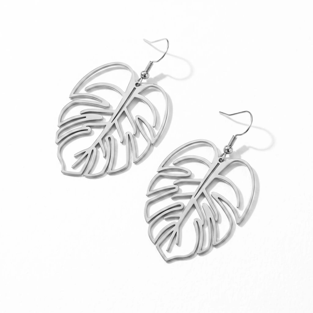 QIAOREN 10843 Trendy Tarnish Resistant Stainless Steel Tropical Leaf and Hoop Earrings 18K Gold Plated
